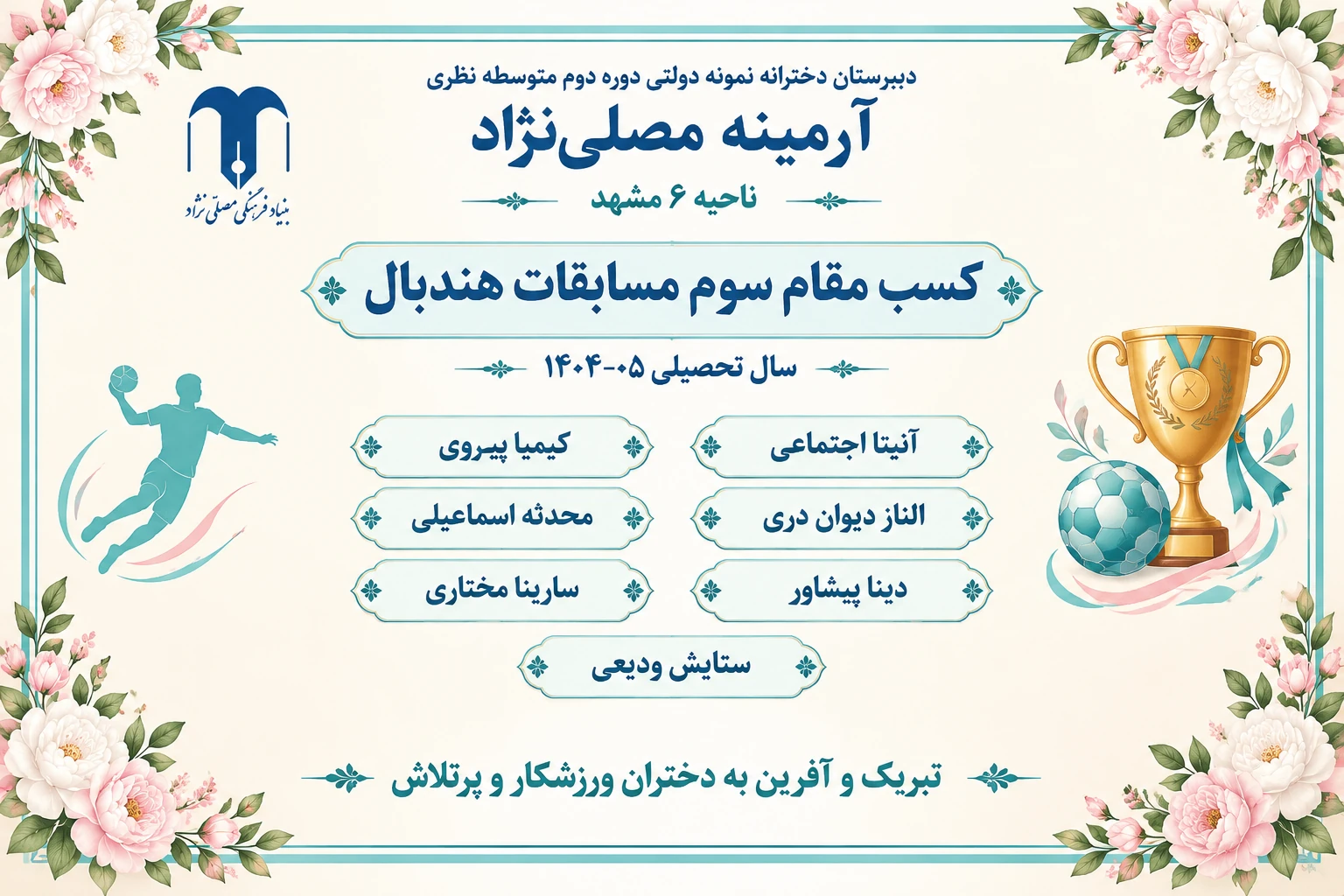 درخشش تیم هندبال دبیرستان آرمینه مصلی‌نژاد در مسابقات ورزشی